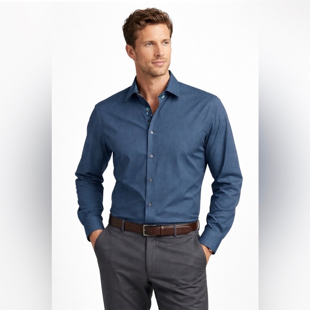 Ted Baker Endurance Blue Micro Check Dress Shirt Men's 17.5 Slim Fit